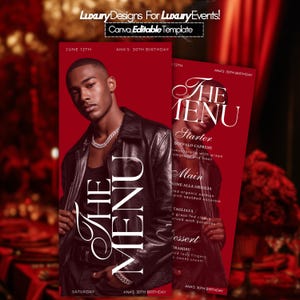 Könnte beinhalten: Rotes Menüdesign mit einem Foto einer Person in einer schwarzen Lederjacke und einer silbernen Kette. Der Menütext ist weiß, mit Menüpunkten darunter aufgelistet. Der Text "Luxury Designs For Luxury Events! Canva Editable Template" befindet sich oben.
