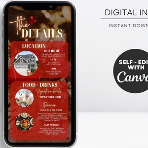Pode incluir: Um convite digital exibido na tela de um smartphone. O design apresenta blocos retangulares vermelhos com detalhes do evento, incluindo local, data e hora. O texto "DIGITAL INVITE" e "INSTANT DOWNLOAD" s&atilde;o vis&iacute;veis. O convite &eacute; edit&aacute;vel com Canva.