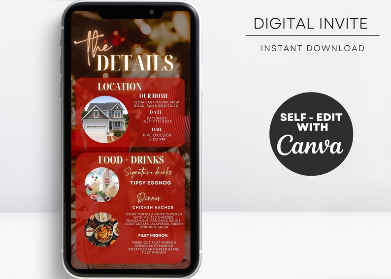 Pode incluir: Um convite digital exibido na tela de um smartphone. O design apresenta blocos retangulares vermelhos com detalhes do evento, incluindo local, data e hora. O texto "DIGITAL INVITE" e "INSTANT DOWNLOAD" s&atilde;o vis&iacute;veis. O convite &eacute; edit&aacute;vel com Canva.