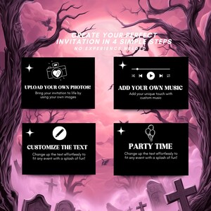 Op de afbeelding: Een digitale uitnodigingsontwerpgids met een griezelig Halloween-thema. De afbeelding bevat vier zwarte vakken met instructies: foto's uploaden, muziek toevoegen, tekst aanpassen en feesttijd. De achtergrond is een roze lucht met bomen en grafstenen.