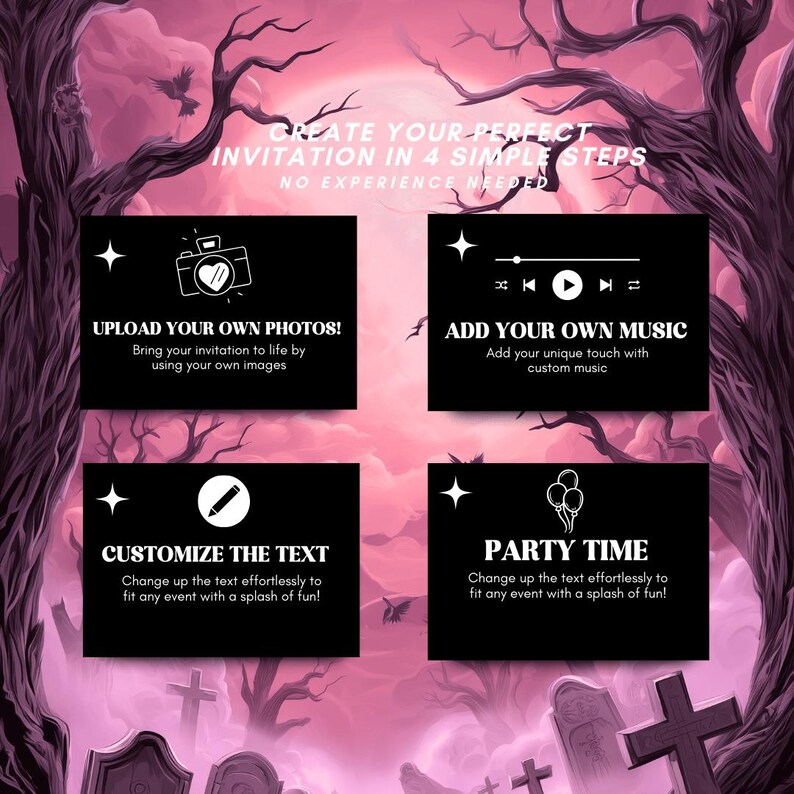 Op de afbeelding: Een digitale uitnodigingsontwerpgids met een griezelig Halloween-thema. De afbeelding bevat vier zwarte vakken met instructies: foto's uploaden, muziek toevoegen, tekst aanpassen en feesttijd. De achtergrond is een roze lucht met bomen en grafstenen.