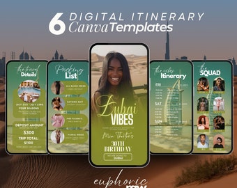 Puede incluir: Una plantilla de itinerario digital para un viaje a Dubái. La plantilla incluye una lista de empaque, detalles del viaje, un cronograma de actividades y una lista de las personas que van al viaje. La plantilla está diseñada en un esquema de color verde y dorado con una foto de una mujer en el centro.
