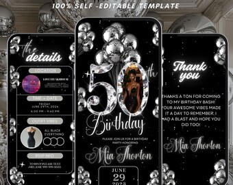50th Birthday Party Invitation, Black Silver Digital 50th Glam Dinner Invite Template, Diamond Video Editable Brunch Itinerary