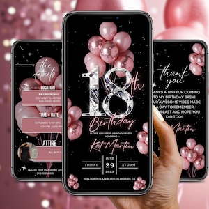 Könnte beinhalten: Drei Smartphones, die eine Geburtstagseinladung anzeigen. Das Haupttelefon zeigt einen schwarzen Hintergrund mit rosa Ballons und einer diamantartigen "18. Geburtstag"-Grafik. Andere Telefone zeigen Details wie Ort, Datum und eine Dankesnachricht.