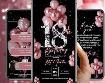 18th Birthday Party Invitation, Blush Pink Digital 18th Glam Dinner Invite Template, 18th Invite Diamond Video Editable Brunch Itinerary