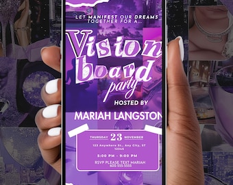 May include: A smartphone displays a purple Vision Board Party invitation. The invitation includes the text "Vision Board Party" hosted by Mariah Langston, with date, time, and RSVP information. The background features a collage of purple images.