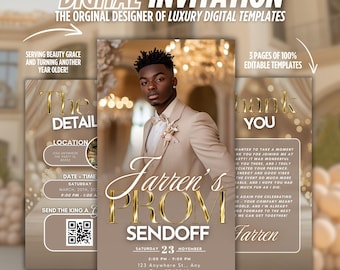 Prom Send Off Digital Invitation, Beige Gold Boys Editable Flyer Template, King Prom Party Invite, Men DIY Graduation Celebration Animated