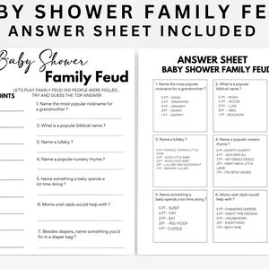Giochi per baby shower misti, gioco di faida familiare, quiz sui giochi per baby shower con foglio delle risposte, giochi per baby shower, giochi stampabili per baby shower