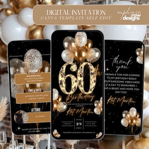 60th Birthday Party Invitation, Gold White Balloons Digital 60th Glam Dinner Invite Template, Diamond Video Editable Brunch Itinerary