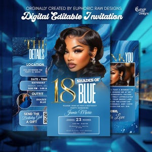 18 Shades of Blue Birthday Invitation, Gold Template for Girls, Glam 18th Dinner Evite for Teen, Editable Digital Party Invite for Women