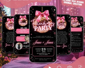 May include: Digital invitation design for a Friendsmas party, with a black background and a pink and gold Christmas ornament graphic. The invitation includes event details and the names "Jenna + James."