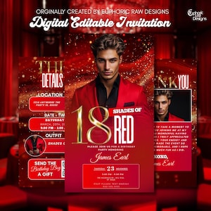 18th Birthday Invitation for Men, Editable Red Gold Dinner Party Evite, Classy Digital Template, 18th Milestone Celebration Invite for Him