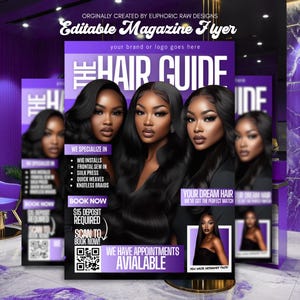 Digitales Haar-Magazin-Cover-Buchungsflyer, DIY-Canva-Vorlage, Termin für lila Stylist, Perücken-Schönheitsservice, bearbeitbarer Salon-Braids-Flyer