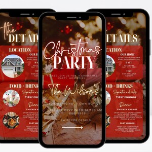 Pode incluir: Tr&ecirc;s smartphones exibindo um convite para uma festa de Natal. O convite apresenta um esquema de cores vermelho e dourado com detalhes como localiza&ccedil;&atilde;o, data, hora e menu. O texto diz "Christmas Party" e "The Wilson's".