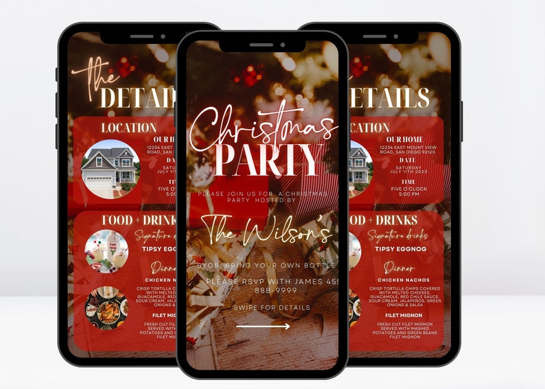 Pode incluir: Tr&ecirc;s smartphones exibindo um convite para uma festa de Natal. O convite apresenta um esquema de cores vermelho e dourado com detalhes como localiza&ccedil;&atilde;o, data, hora e menu. O texto diz "Christmas Party" e "The Wilson's".