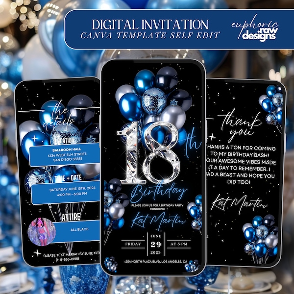 18th Birthday Party Invitation, Silver Blue Balloon Digital 18th Glam Dinner Invite Template, 18th Diamond Video Editable Brunch Itinerary