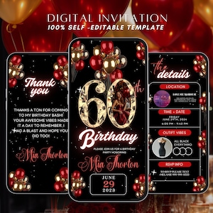 60th Birthday Party Invitation, Red Balloons Digital 60th Glam Dinner Invite Template, Diamond Video Editable Brunch Itinerary