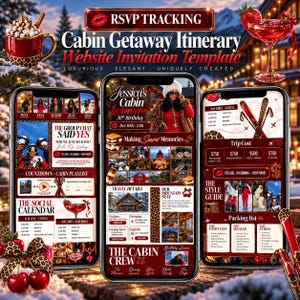 May include: A digital cabin getaway itinerary website invitation template displayed on three smartphones. The design features a deep red and leopard print theme with text including RSVP Tracking, Cabin Getaway Itinerary, and Jessica's Cabin Getaway.