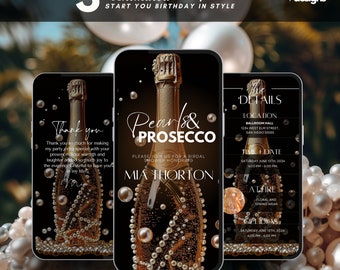May include: Three digital invitation templates on smartphones. The templates feature a champagne bottle design with pearls and the text "Pearls & Prosecco". One template says "Thank you", and another has event details.