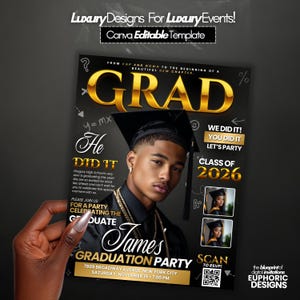 May include: A graduation party invitation template with a black and gold design. The word "GRAD" is in large gold letters. The invitation includes the graduate's name, party details, and a QR code for RSVP.