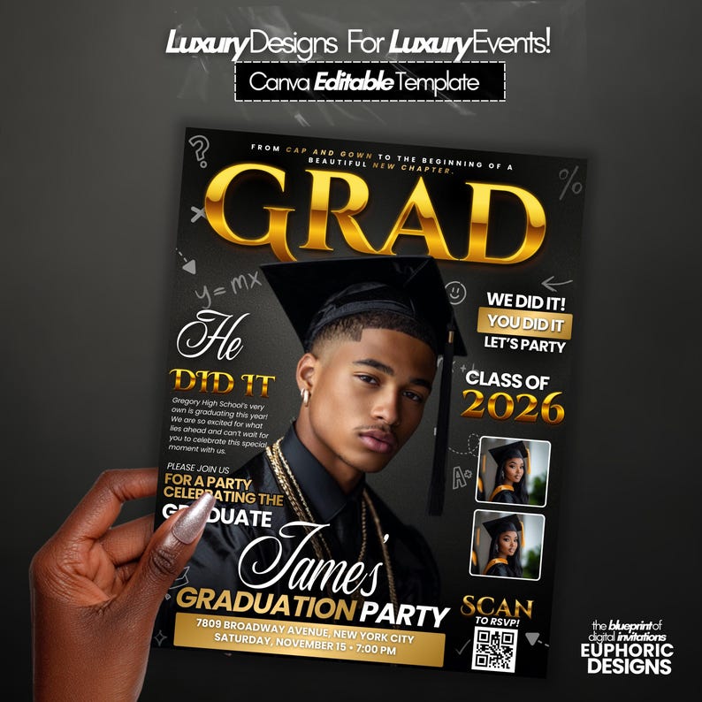 May include: A graduation party invitation template with a black and gold design. The word "GRAD" is in large gold letters. The invitation includes the graduate's name, party details, and a QR code for RSVP.