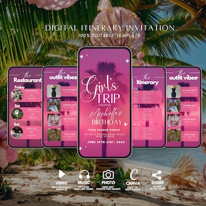 Girls Trip itinerary, itinerary template,  travel itineray, Birthday Weekend Invitation, Weekend Itinerary, Digital Schedule