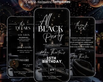 Invitación a fiesta de cumpleaños totalmente negra, cena de cumpleaños, brunch de cumpleaños, plantilla digital de asunto totalmente negro, invitación de vestimenta formal editable