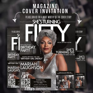 Digitale 50e verjaardag tijdschrift uitnodiging voor vrouwen, Glam Magazine Party Flyer, DIY bewerkbare canvas sjabloon, 50e diner verjaardag uitnodigen
