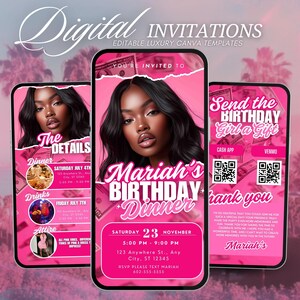 Pink Dinner Party Invitation, Editable Birthday Evite, Custom Digital Dinner Invitation, Party Itinerary Template, Instant Download