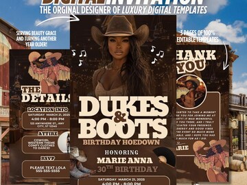Boots on the Ground Cowgirl Invite, Editable Western Birthday Template, Evite Trail Ride Theme, Canva, Text or Email, Cow Print