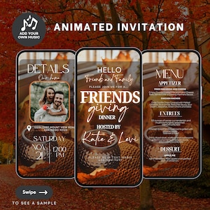 May include: Animated invitation design for a Friendsgiving dinner. The design features three smartphone screens with event details, including a photo, date, time, and menu. The background is a fall-themed aesthetic with autumn leaves.