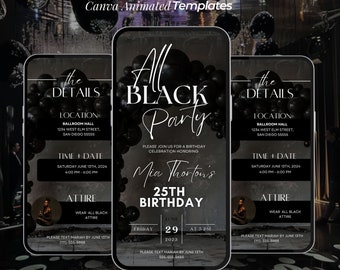 Invitación a fiesta de cumpleaños de negros, cena de cumpleaños, brunch de cumpleaños, plantilla digital de fiesta de negros, invitación editable con atuendo formal