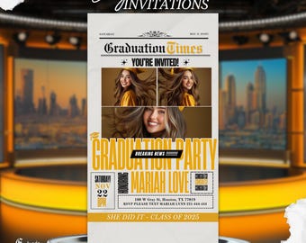 Gold Newspaper Graduation Party Invitation, Editable Digital Template, Save the date High School Invite Grad Announcements, Class of 2025