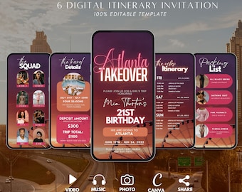 Digital Atlanta Girl's Trip Itinerary Invitation, Animated Travel Itinerary, Georgia Planner Schedule Trip Evite, Editable Planner Template