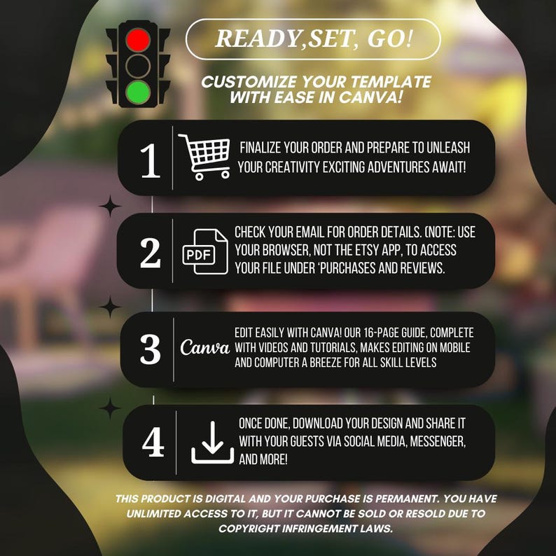 Pode incluir: Um gr&aacute;fico com um &iacute;cone de sem&aacute;foro, um &iacute;cone de carrinho de compras, um &iacute;cone PDF, um &iacute;cone Canva e um &iacute;cone de download. O gr&aacute;fico fornece instru&ccedil;&otilde;es sobre como personalizar um modelo usando Canva. O texto diz "Prontos, preparem-se, j&aacute;! Personalize seu modelo com facilidade no Canva!"