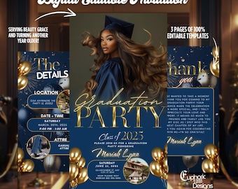 Navy Blue Graduation Party Invite, Class of 2026 Celebration, Editable Digital Canva Template