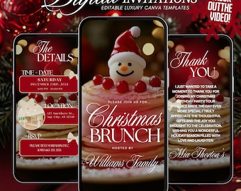 May include: Digital Christmas Brunch invitation template. The design features three smartphone screens with festive graphics. The central screen displays a stack of pancakes topped with a snowman and red berries. Text includes event details and a thank you message.