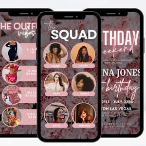 May include: A pink and white floral phone background with text that reads "The Squad Birthday Weekend" and "Join us for a birthday trip honouring Na Jones birthday". The text also includes the dates "21st - July 23rd" and the location "Las Vegas".