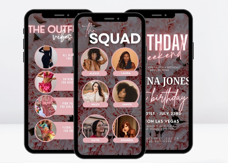 May include: A pink and white floral phone background with text that reads "The Squad Birthday Weekend" and "Join us for a birthday trip honouring Na Jones birthday". The text also includes the dates "21st - July 23rd" and the location "Las Vegas".