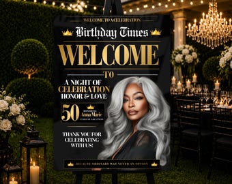 May include: A black welcome sign for a 50th birthday celebration featuring gold text, a crown graphic, and a portrait of a person with long silver hair. The text reads Birthday Times, Welcome to a night of celebration honor and love, 50 Anna Marie.