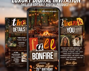Könnte beinhalten: Digitales Einladungsdesign für eine Herbst-Lagerfeuer-Geburtstagsfeier. Das Design zeigt ein Smartphone, das die Einladung anzeigt, mit Details wie Datum, Uhrzeit und Ort. Die Einladung enthält den Text "Fall Bonfire" und "Jamie Lynn 25th Birthday."