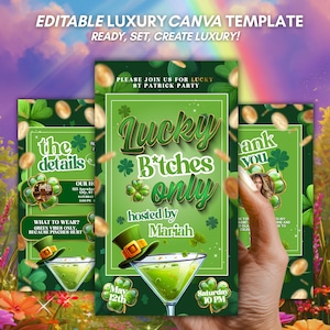 May include: A set of three green St. Patrick's Day party invitations with gold accents. The invitations feature a martini glass with a green drink, a leprechaun hat, and the text "Lucky B*tches Only". The invitations are held by a hand.