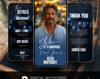 Digital Men's Birthday Invitation, Photo Editable Animated, 40th 60th Surprise Dinner Party Evite Itinerary, Mobile Text Invite