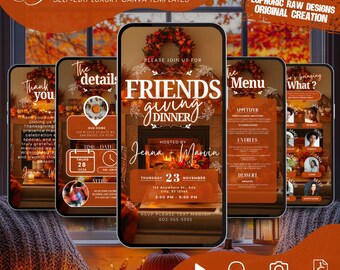 Friendsgiving Dinner Invitation, Fall Dinner Pumpkin Party Invite, Thanksgiving 2024 Evite, Self-Editable DIY Planner Itinerary Template