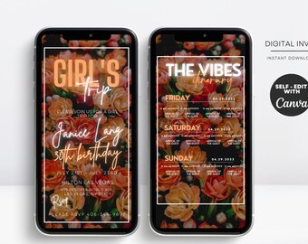 Digital Travel itinerary, itinerary template,  travel itineray, Birthday Weekend Invitation, Weekend Itinerary, Digital Schedule, Girls Trip