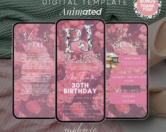 Animated PJ's And Prosecco Party Birthday Invitation, Digital Pajama Invite, Boho Bachelorette Evite, With Itinerary & Thank You eCard