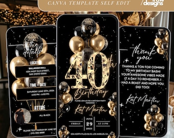 40th Birthday Video Invitation, Black & Gold Glam Birthday Party Invite, Luxury Dinner Celebration, Editable Canva Template