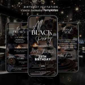 Inbjudan till All Black-födelsedagsfest, födelsedagsmiddag, födelsedagsbrunch, digital All Black-affärsmall, redigerbar inbjudan till formell klädsel bild 1