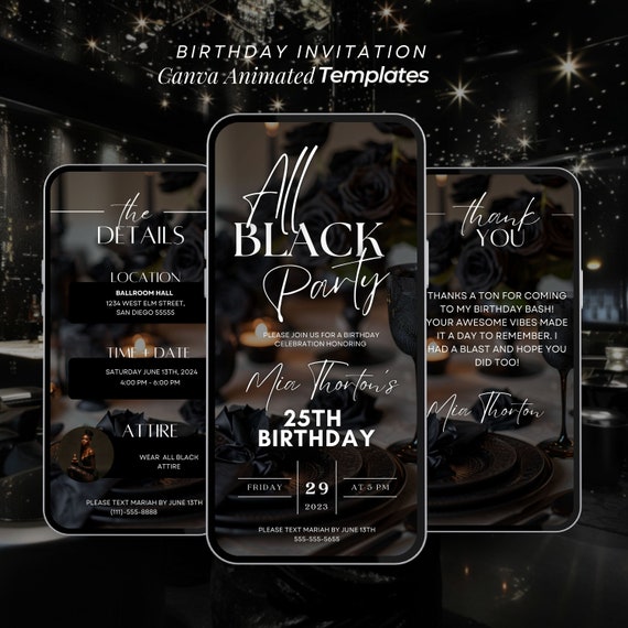 All Black Birthday Party Invitation, Birthday Dinner, Birthday Brunch, Digital All Black Affair Template, Editable Formal Attire Invite