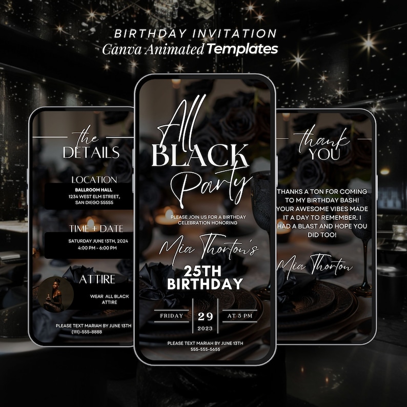 Inbjudan till All Black-födelsedagsfest, födelsedagsmiddag, födelsedagsbrunch, digital All Black-affärsmall, redigerbar inbjudan till formell klädsel bild 1